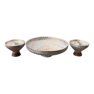 1950s Royal Haeger Console Bowl With Matching Candle Holders - 3 Piece Set For Sale