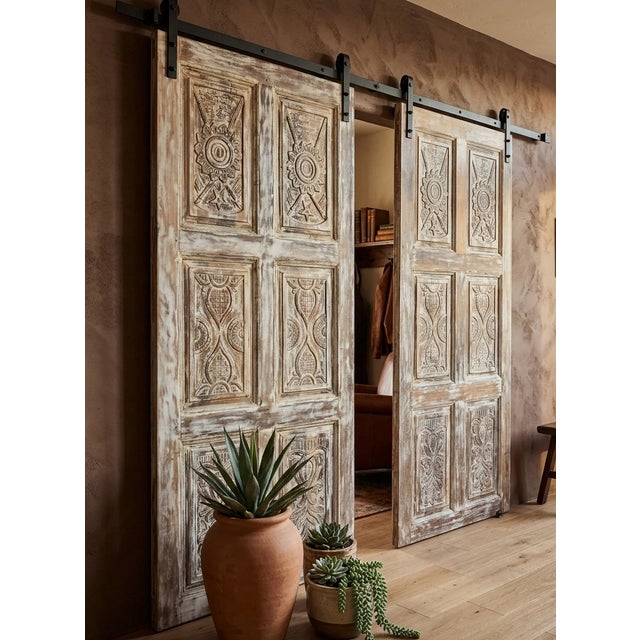 Brown Vintage Whitewashed Carved Library Doors | Limewash Double Barn Doors | Handcrafted Statement Entryway For Sale - Image 8 of 8