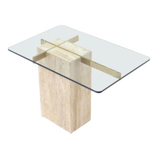 Travertine Base Glass Top Mid-Century Modern Side Table For Sale