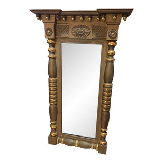Antique American Empire Style Gilt Pier Hall Mirror Column Rosette 36” X 22” For Sale