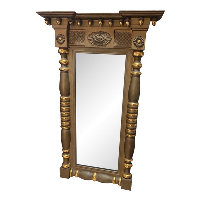 Antique American Empire Style Gilt Pier Hall Mirror Column Rosette 36” X 22” For Sale