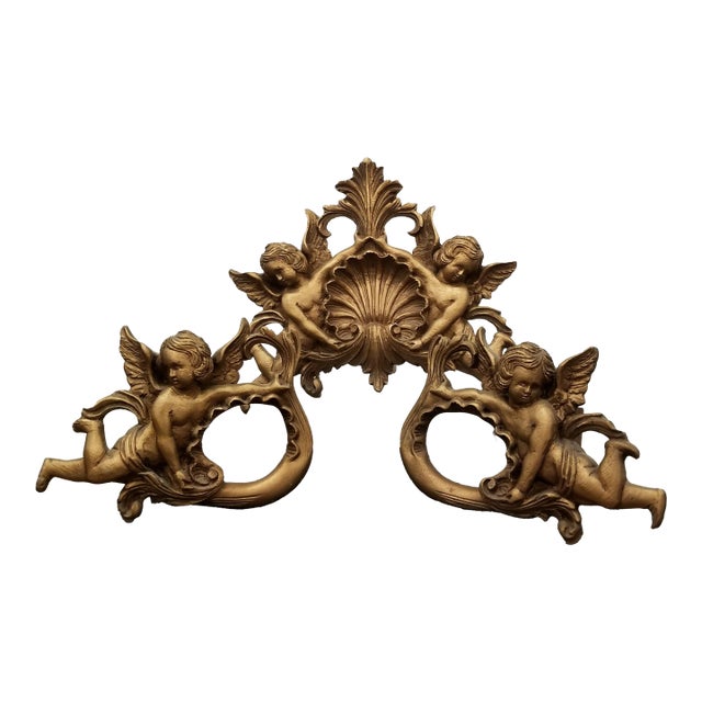 Vintage Baroque Rococo Revival Gilt Cherub Bed Crown & Curtain Cornice – Ornate Wall Pediment -Three Pieces For Sale