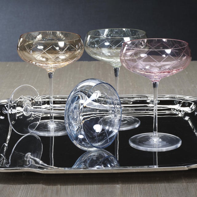 Glass Audrey 4-Piece Set Hand Etched Coupe Glasses, Blue Luster For Sale - Image 7 of 8