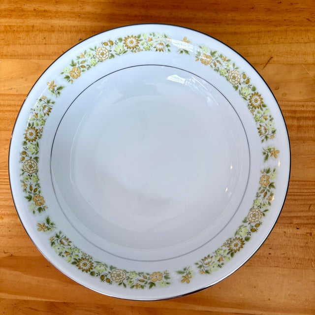 Mid-Century Modern Vintage Towne House Spring 3094 Vegetable Serving Bowl • Large Round Serving Dish • Yellow Floral Band and Silver Trim For Sale - Image 3 of 9