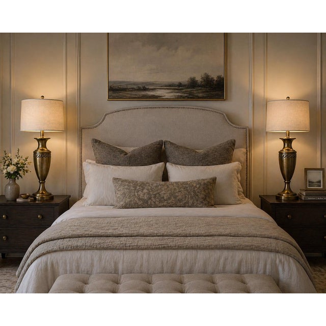Vintage Transitional Urn Table Lamp in Antique Brass With Pierced Metal Frieze & Linen Drum Shade — 27” - a Pair For Sale In Los Angeles - Image 6 of 9