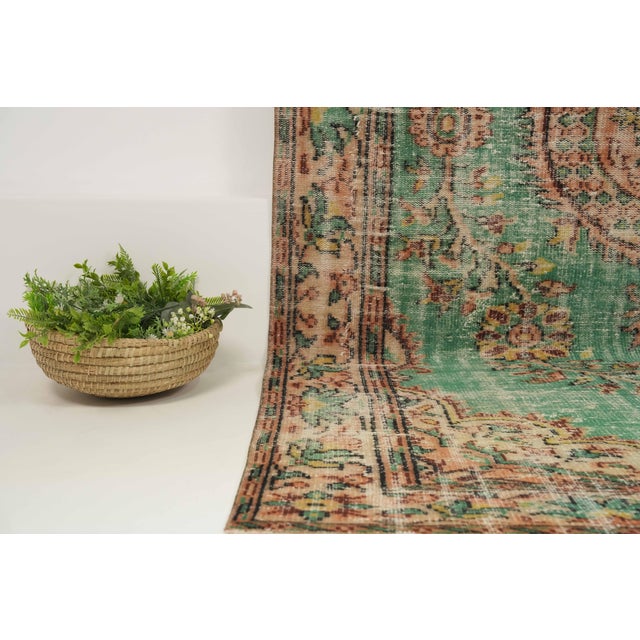 Textile 1970s Vintage Turkish Handmade Wool Cotton Green Area Rug For Sale - Image 7 of 13