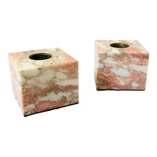 Pink Marble Cube Candle Holders - Set of 2 For Sale