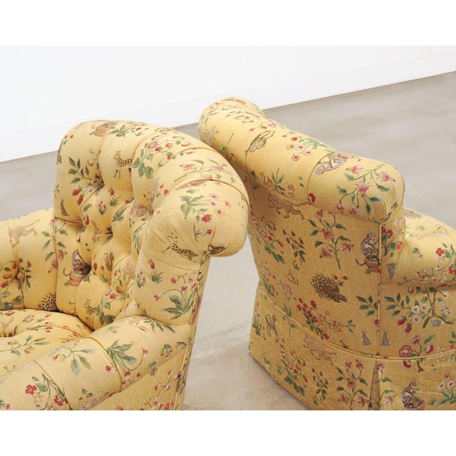 Yellow Pair of Tufted Lounge Chairs + Ottoman in Butter Print Fabric For Sale - Image 8 of 18