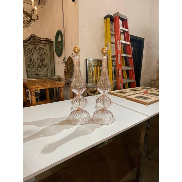 Gorgeous pair of modern pink Murano glass lamps. These add a beautiful decorative element to a fine home. Lovely!!