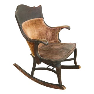 Late 19th Century Antique Wooden Rocking Chair With Cognac Colored Velvet and Rich Patina For Sale