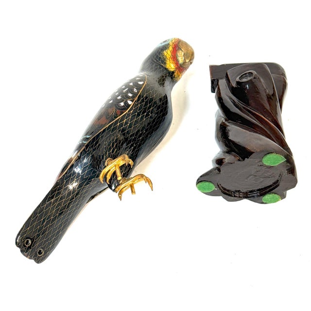 Chinese Chinese Cloisonné Parrot on Carved Hardwood Tree Trunk Base Chinese, Circa 1960 For Sale - Image 3 of 13