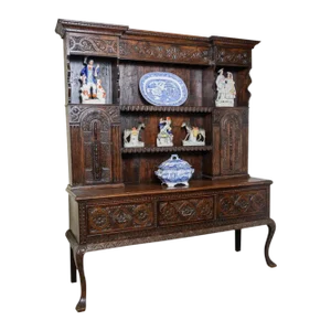 Antique English Carved Oak Dresser and Plate Rack