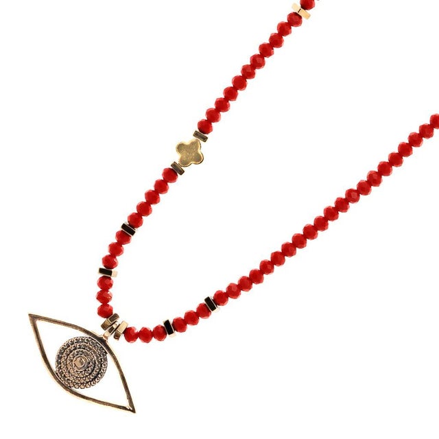 Glass Christmas Vibe Watchful Evil Eye Pendant Red Beaded Necklace For Sale - Image 7 of 11