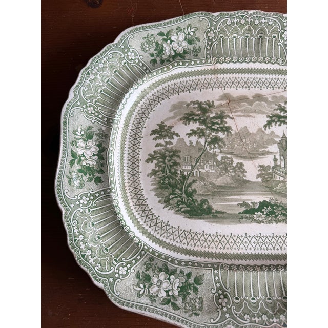 Antique Staffordshire Green Transferware Platter "Cologne" With Staple Repair, Circa 1830's For Sale - Image 4 of 14