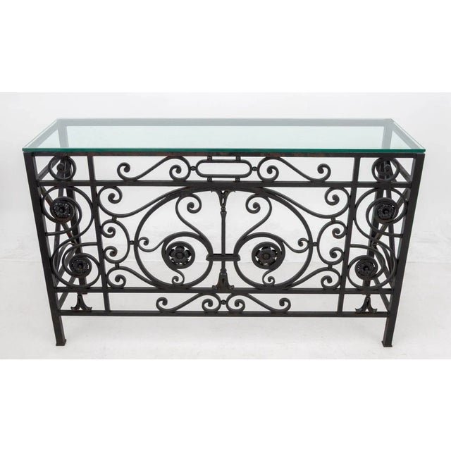 French Glass Top Wrought Iron Console Table For Sale - Image 3 of 8