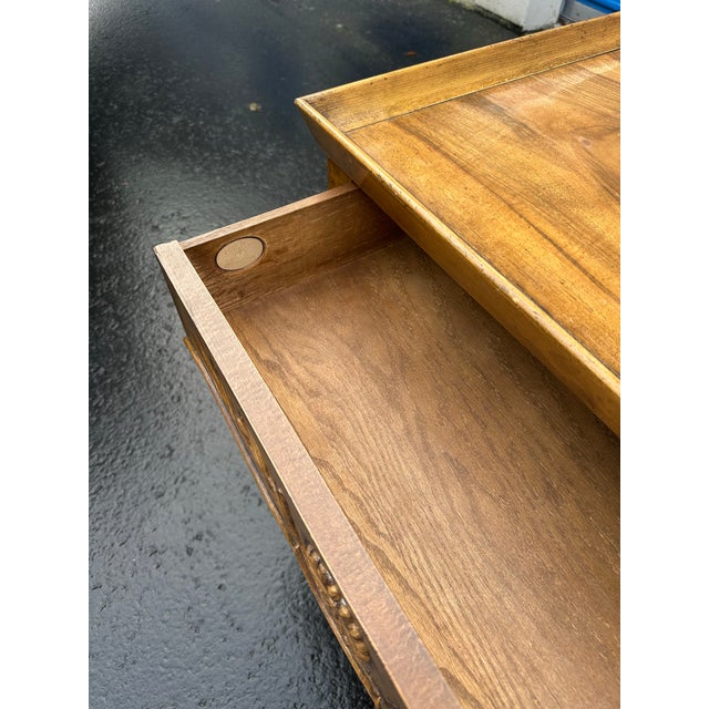 Baker Furniture Company Sweet Pair of Vintage Baker French Provincial Walnut Side Tables With Carved Aprons For Sale - Image 4 of 9