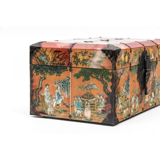 Vintage Chinese Painted Jewelry Box With Metal Mounts For Sale - Image 10 of 16