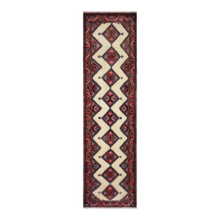 Geometric Persian Tribal Ivory/Red Wool Runner Rug- 2'6'' X 9'9'' For Sale