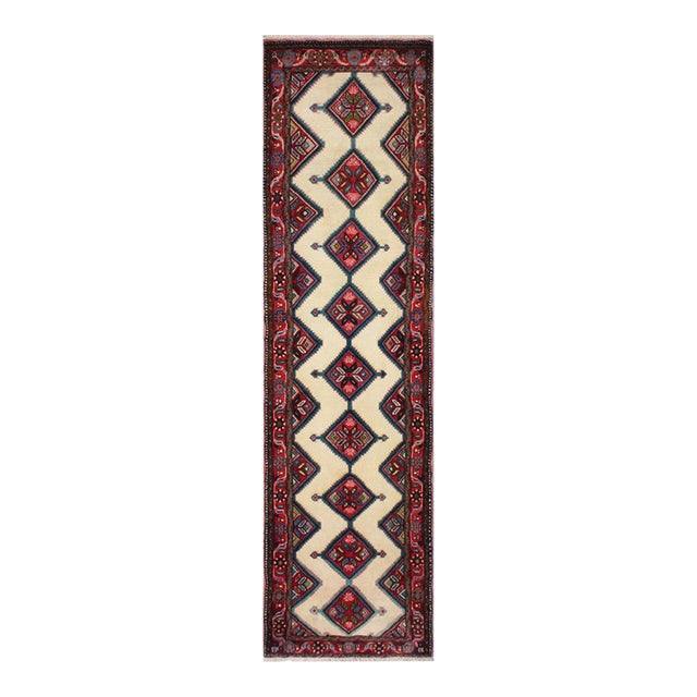 Geometric Persian Tribal Ivory/Red Wool Runner Rug- 2'6'' X 9'9'' For Sale