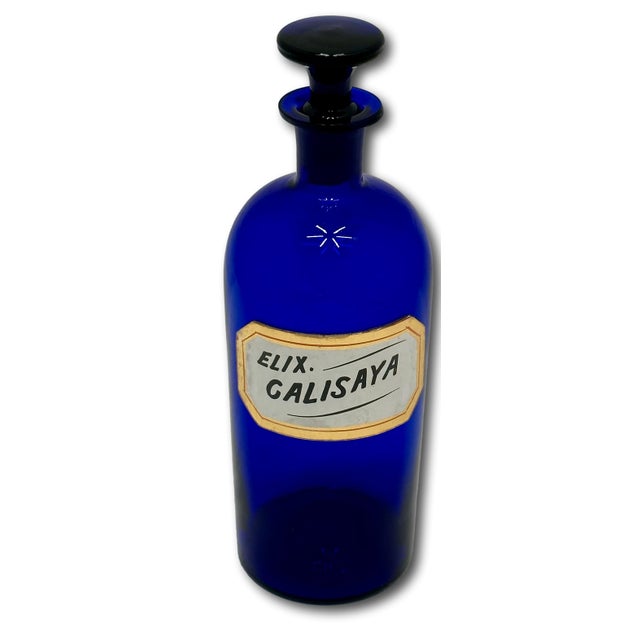 Beautiful & Rare Large Size Antique Cobalt Blue Glass Elixer of Calisaya Apothecary Bottle Circa Mid 19th Century For Sale - Image 4 of 18
