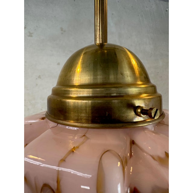 Art Deco Pendant Light in Marbled Rose Opaline and Brass, 1930s For Sale - Image 4 of 14