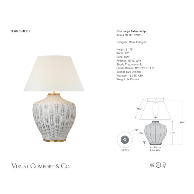 Marie Flanigan by Visual Comfort Signature Evie Large Table Lamp in White Wicker with Linen Shade Designer: Marie Flanigan...