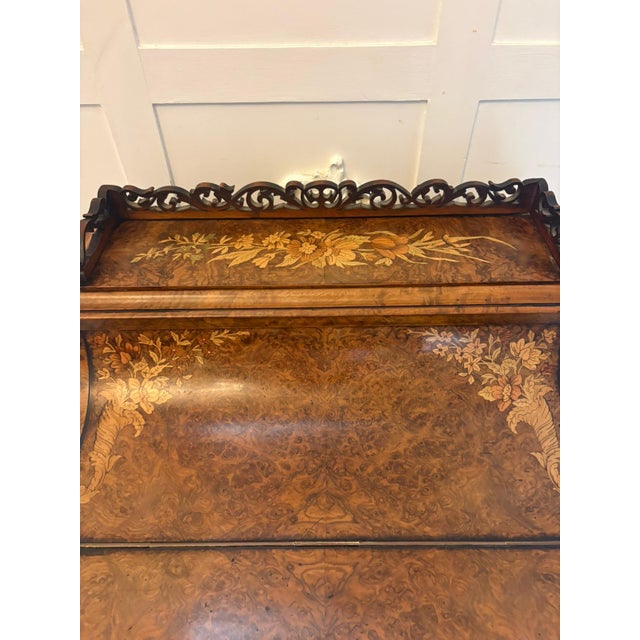 Antique Victorian Burr Walnut Floral Marquetry Piano Top Davenport Desk, 1850 For Sale - Image 17 of 18