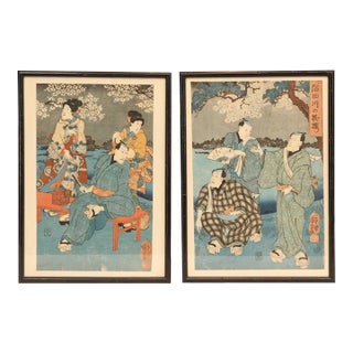 Antique Kuniyoshi Japanese Woodblock Print Diptych For Sale