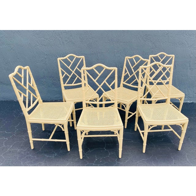 Beige Vintage Chippendale Faux Bamboo Wood and Caned Dining Chairs - Set of 6 For Sale - Image 8 of 9