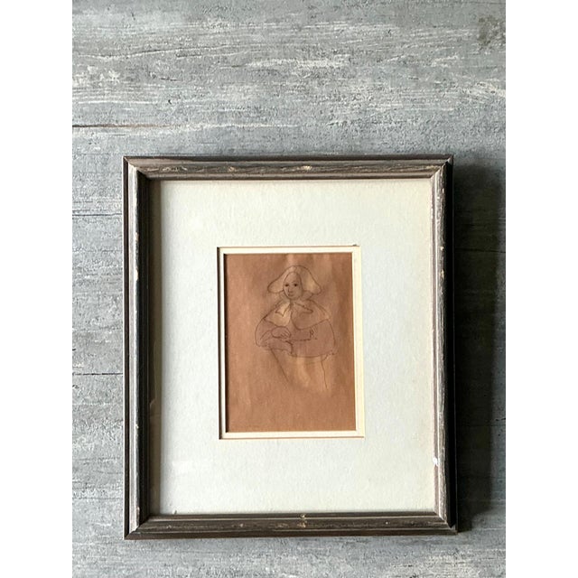Wood Vintage Portrait Drawing in Frame For Sale - Image 7 of 13