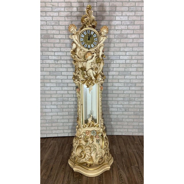 Wood Vintage Italian Rococo Carved and Painted Cherub/Angel Grandfathers Clock For Sale - Image 7 of 12