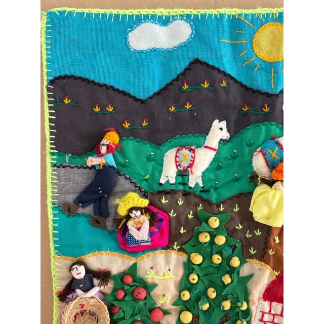Folk Art Peruvian Arpillera Wall Hanging -Embroidered Appliquéd Dimensional Farming Scene For Sale - Image 3 of 6