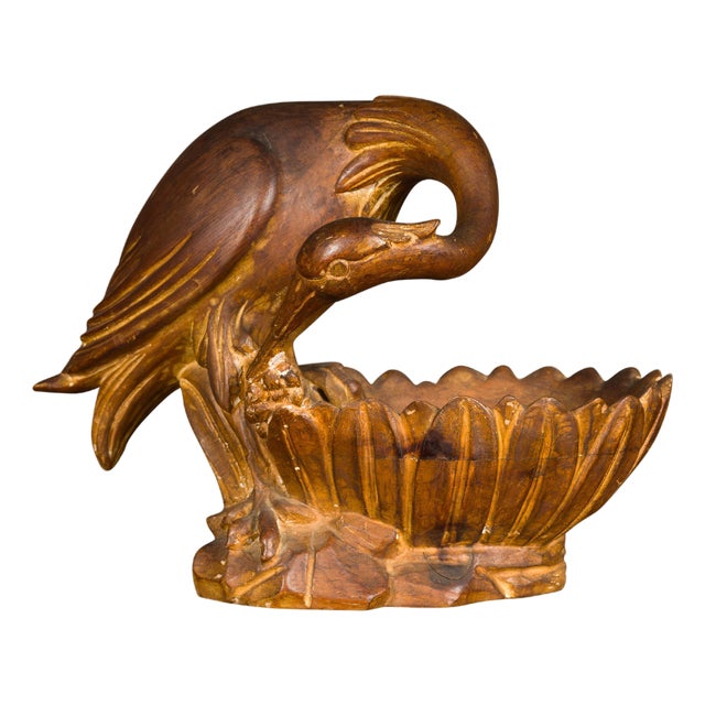 Italian Midcentury Carved Wooden Bowl with Crane and Leaf Motifs For Sale