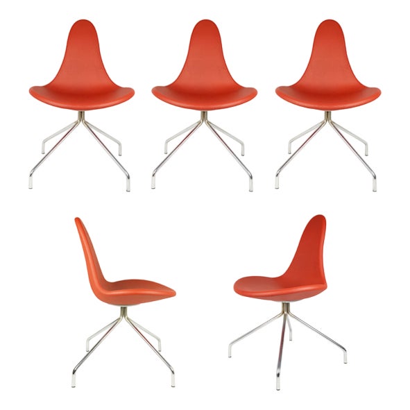 Italian Chrome Plated Metal Base & Red Polyurethane Seating Chairs, 1990s, Set of 5 For Sale