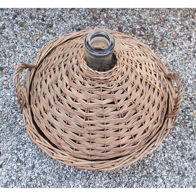 Wood Ext. LRG Provincial Woven Rattan "Made in France" and Glass Vino Bottle Basket For Sale - Image 7 of 9