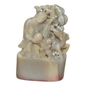 1960s Chinese Hand Carved Shoushan Stone God of Longevity & Prosperity Store Seal