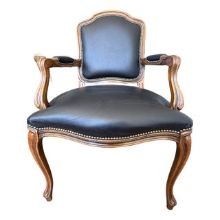 Vintage 1989 Château D’Ax Italian Black Leather Louis XV Armchair For Sale