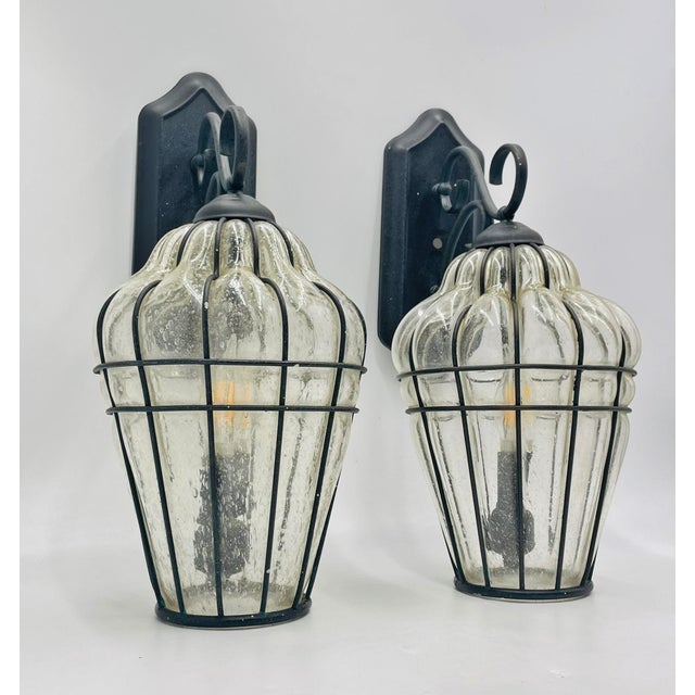Pair Murano Style Outdoor Wall Sconces Caged Glass Lanterns, March 2001 For Sale - Image 4 of 18