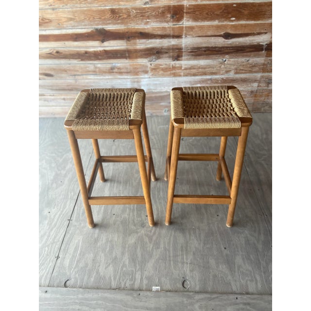 Textile Pair of Jute Wrapped Backless Bar Stools | Mid Century Modern For Sale - Image 7 of 13