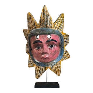 Antique Polychrome Anthropomorphic Mexican Folk Art Sun Mask W/ Sunburst Motif For Sale