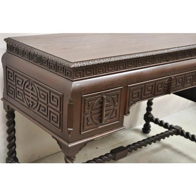 Antique Jacobean William and Mary Greek Key Carved Mahogany 3 Drawer Desk For Sale In Philadelphia - Image 6 of 12