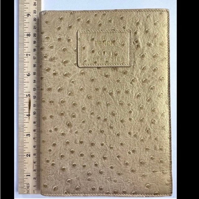 Vintage 90s Fendi Vini Wine Tasting Notes Journal Gold Notebook Ostrich Leather For Sale - Image 10 of 12