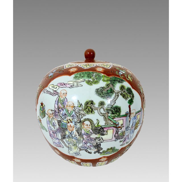 Mid 20th Century Vintage Hong Kong Double 'Qilin' Persimmon Red Porcelain Ginger Jar With the Eight Chinese Immortals For Sale - Image 5 of 8