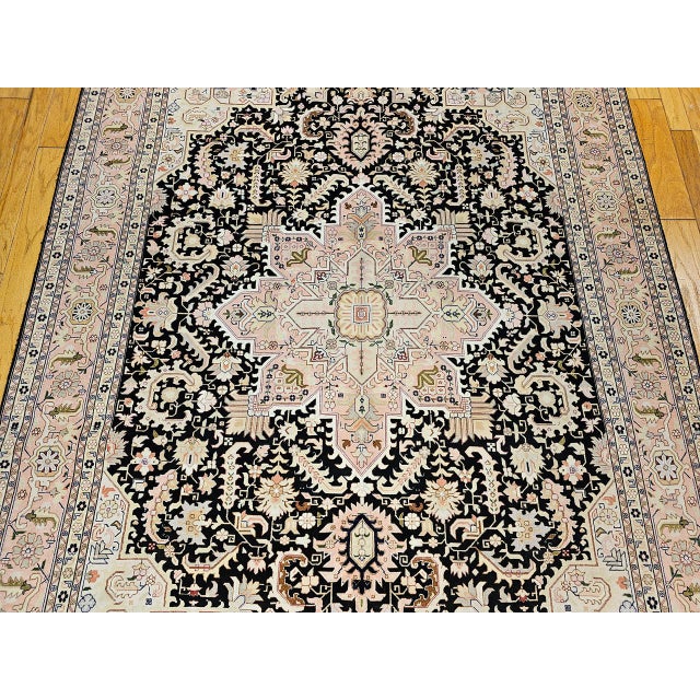 Fine Tabriz Rug, Hand-Knotted Wool & Silk, Geometric Heriz Pattern, Black & Ivory, 7x10 For Sale - Image 11 of 17