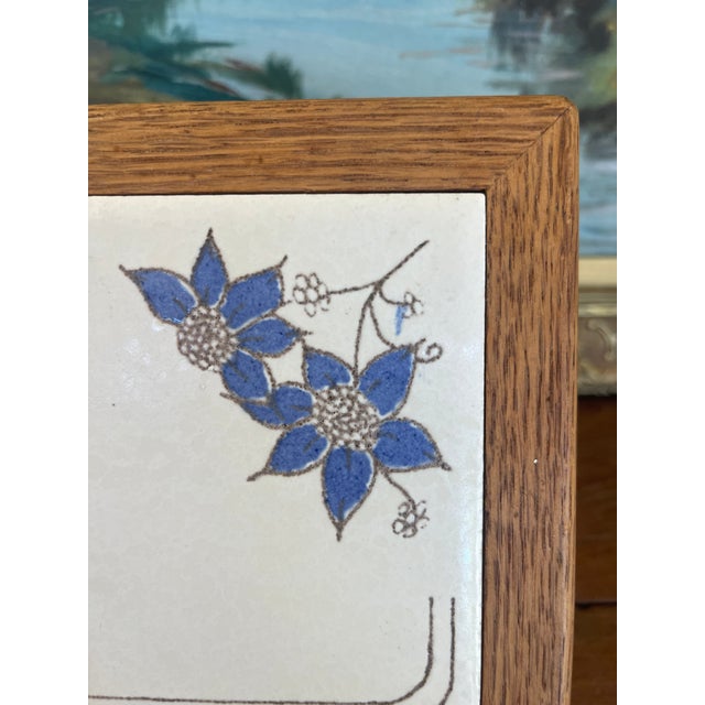 Wood Vintage Handcrafted Ceramic Tile With Likely Oak Frame and Blue Floral Motif, Made in Usa. For Sale - Image 7 of 9