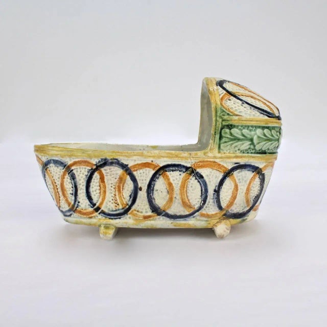 Antique English Figural Staffordshire or Prattware Pottery Cradle For Sale - Image 9 of 11