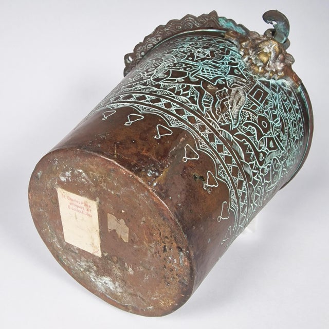 Antique Copper Bucket Lion Mounts Indian Kashmir Mughal Warrior Horses Verdigris For Sale - Image 9 of 9