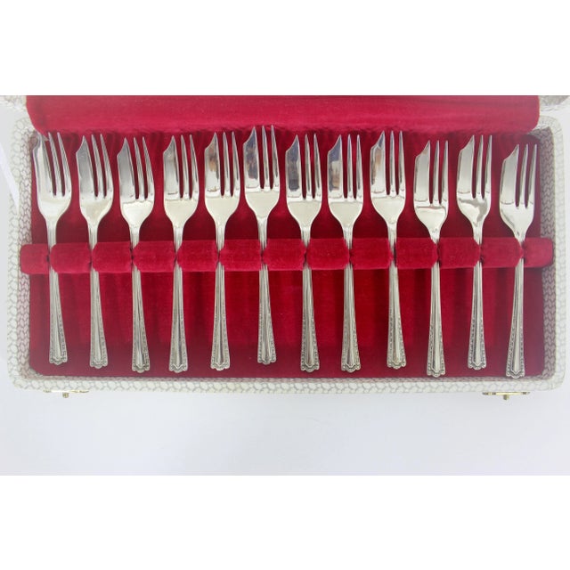 Vintage English Silver Plated Pastry Cake Dessert Forks in Original Case- 12 Pieces For Sale - Image 10 of 10
