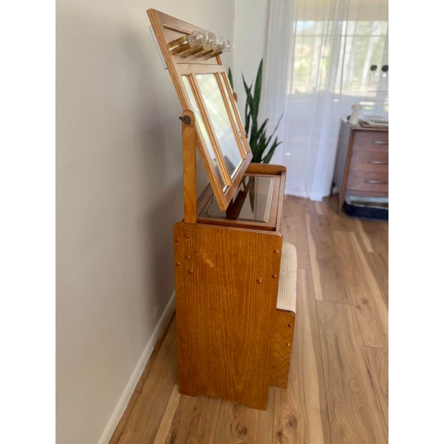 Mid 20th Century Oak Vanity Table With Lighted Adjustable Top Mirror and Upholstered Bench For Sale In Philadelphia - Image 6 of 17