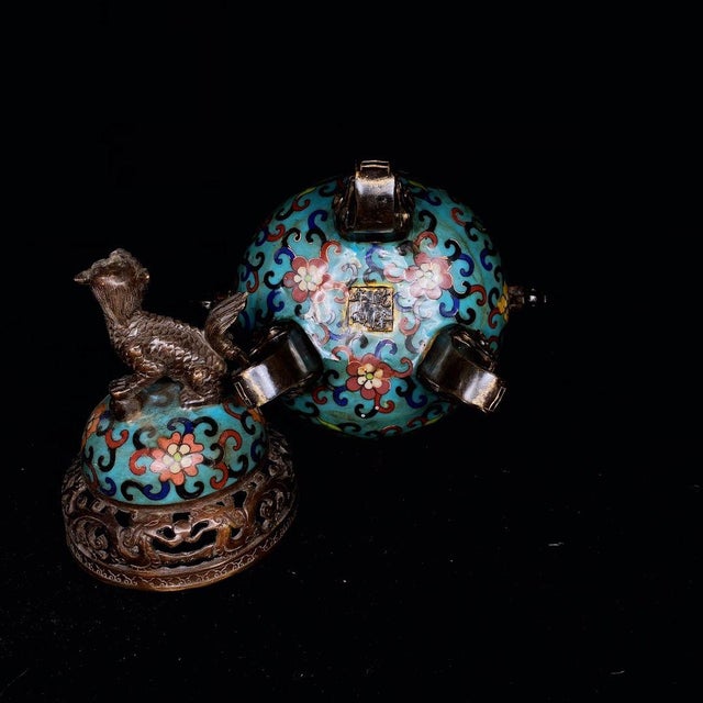 Vintage Cloisonné Enamel Dragon-Handled Tripod Censer With Qianlong Mark For Sale - Image 4 of 9